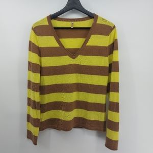 Three Dots Cashmere Striped V Neck Sweater Size Large